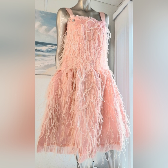 ◇$6,500 NEW W. TAG OSCAR DE LA RENTA PINK SILK FEATHER COUTURE RUNWAY DRESS US 8 - Picture 7 of 16